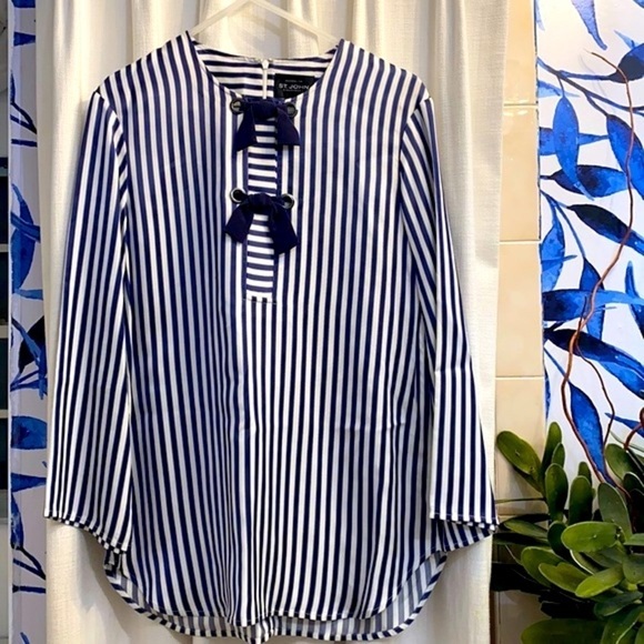 NWOT Women’s St. John’s Boutique Blue and White Striped Bow Blouse Size Small - Picture 1 of 8